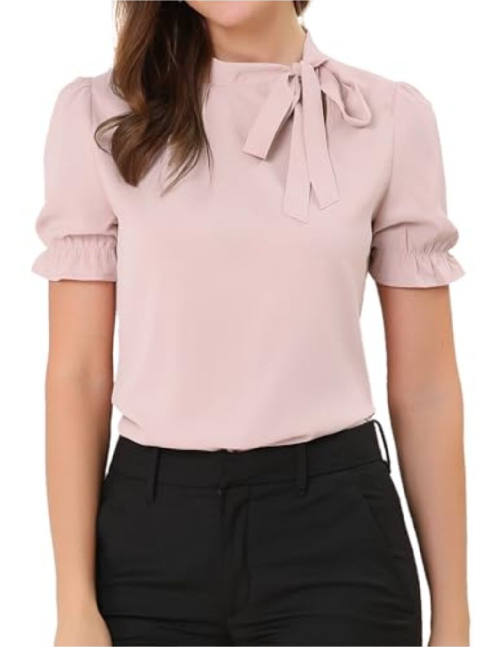 Bow Tie Neck Short Sleeve Blouse Elegant Office Top